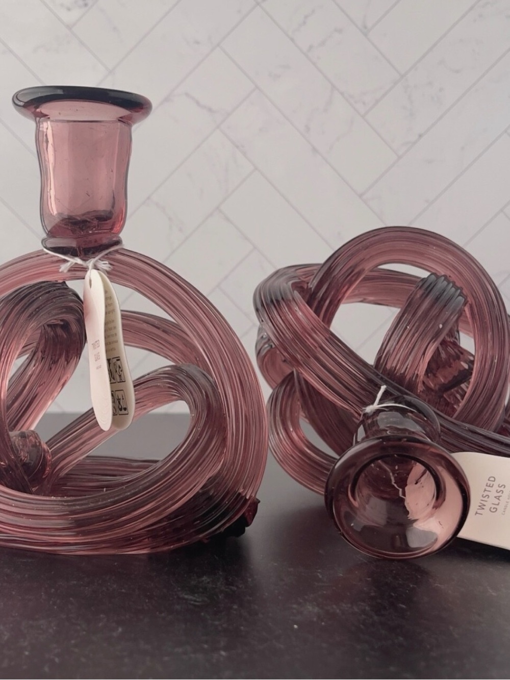 Anthropologie Twisted Glass Knot Candle Holders in Plum - Home Accents